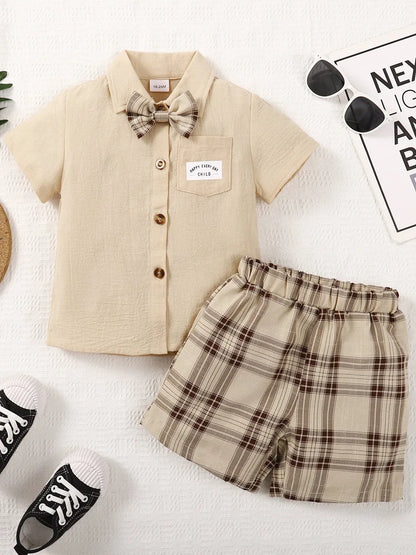 The Greyson - Baby Boy Short Sleeved Solid Color Shirt with Bow Tie + Shorts