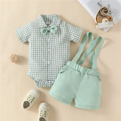 The Declan - Baby Boy Gentleman Plaid Short Sleeve Jumpsuit and Casual Stretch Suspender