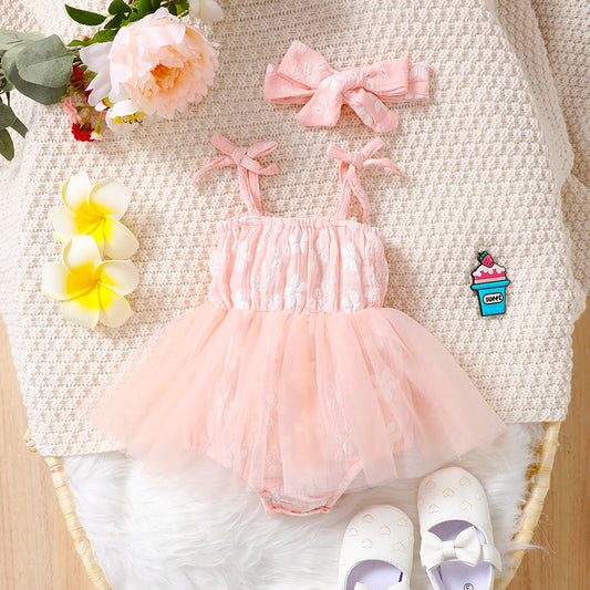 The Athena - Baby Girl Pink Strap Romper Dress with Headband