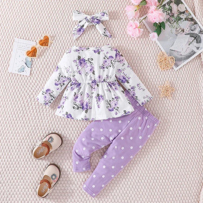 The Lydia - Baby Girl Purple Long Sleeve Blouse Floral Bow Front and Long Pants Polka Dotted Outfit