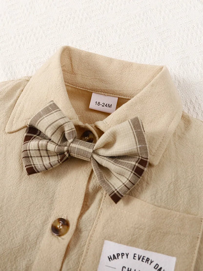 The Greyson - Baby Boy Short Sleeved Solid Color Shirt with Bow Tie + Shorts