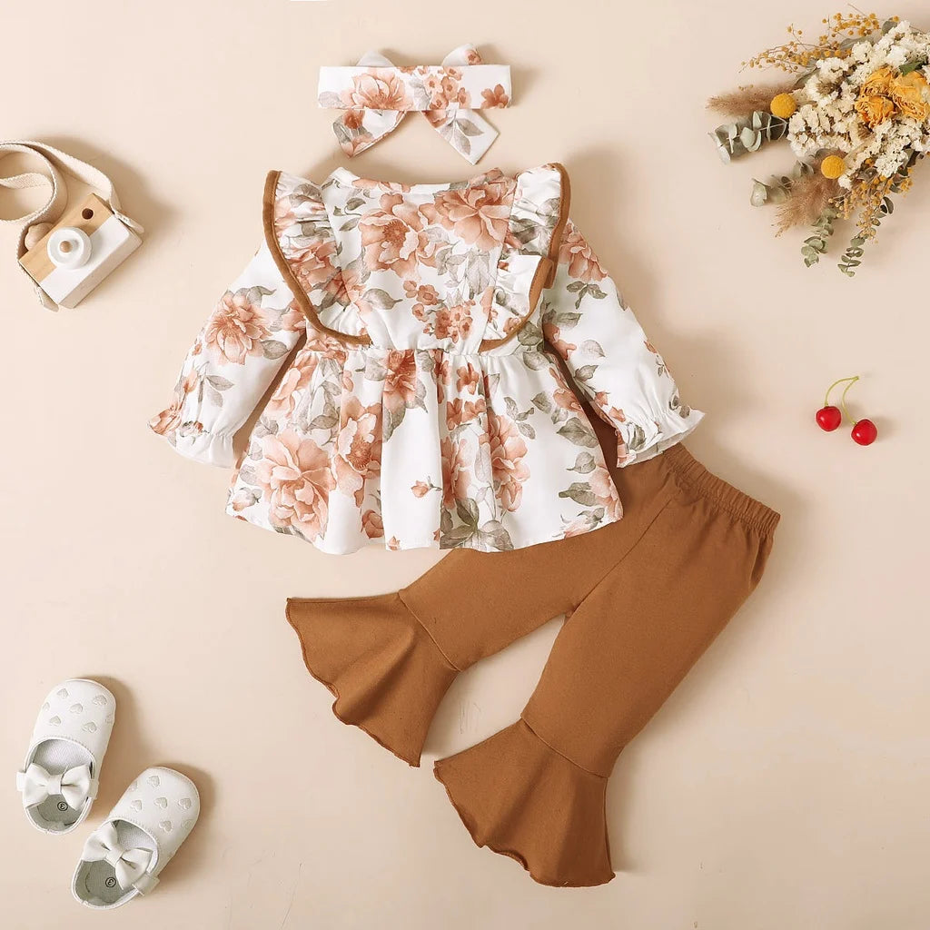 The Clara - Baby Girl Brown Long Sleeve Tops Floral Blouse & Long Pants Outfit