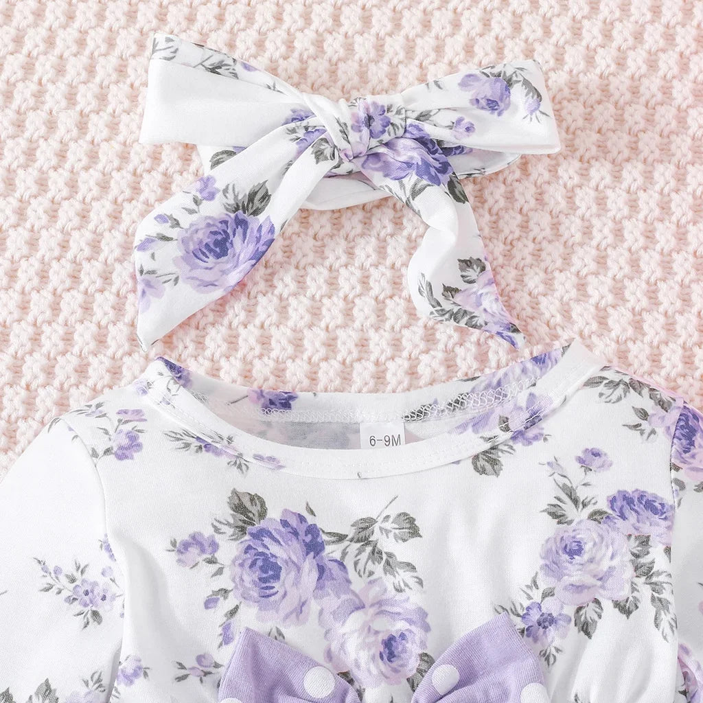 The Lydia - Baby Girl Purple Long Sleeve Blouse Floral Bow Front and Long Pants Polka Dotted Outfit