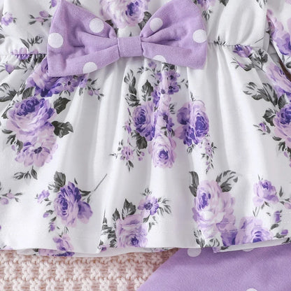 The Lydia - Baby Girl Purple Long Sleeve Blouse Floral Bow Front and Long Pants Polka Dotted Outfit