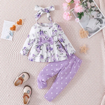 The Lydia - Baby Girl Purple Long Sleeve Blouse Floral Bow Front and Long Pants Polka Dotted Outfit