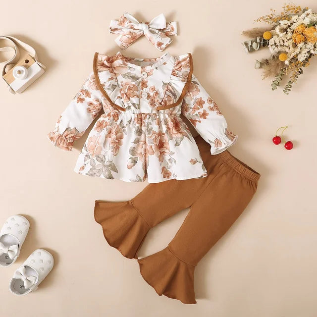 The Clara - Baby Girl Brown Long Sleeve Tops Floral Blouse & Long Pants Outfit