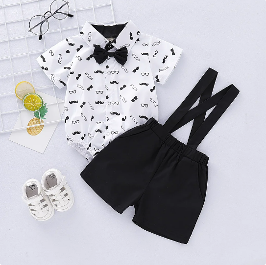 The Ryan - Short Sleeve Bodysuit with Bow + Suspender Pants