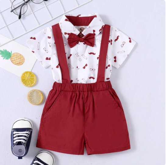 The Ryan - Short Sleeve Bodysuit with Bow + Suspender Pants