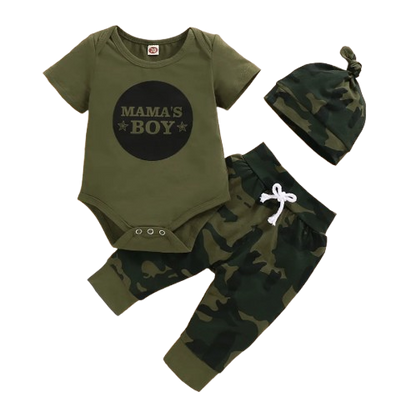 The Arbor - Mama's Boy Letter Print Bodysuit + Camouflage Pants