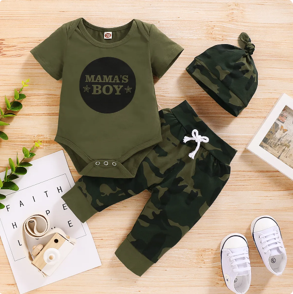 The Arbor - Mama's Boy Letter Print Bodysuit + Camouflage Pants