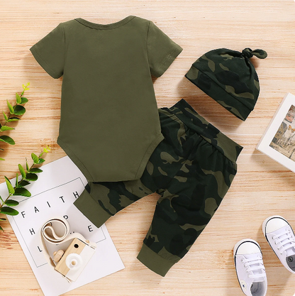 The Arbor - Mama's Boy Letter Print Bodysuit + Camouflage Pants