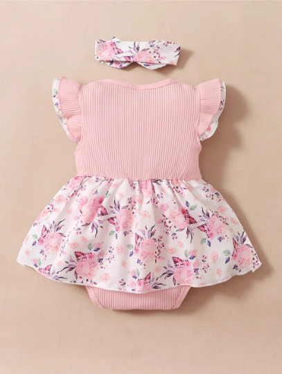 The Jessie - Pink Floral Romper + Headband