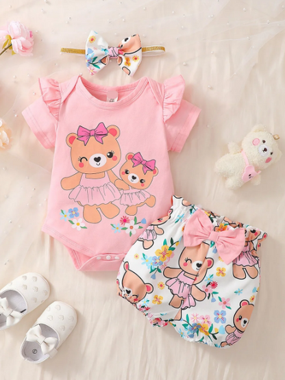 The Colby - Bear Cartoon Romper + Shorts + Headband