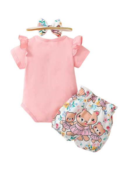 The Colby - Bear Cartoon Romper + Shorts + Headband