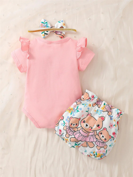 The Colby - Bear Cartoon Romper + Shorts + Headband