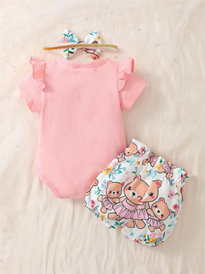 The Colby - Bear Cartoon Romper + Shorts + Headband