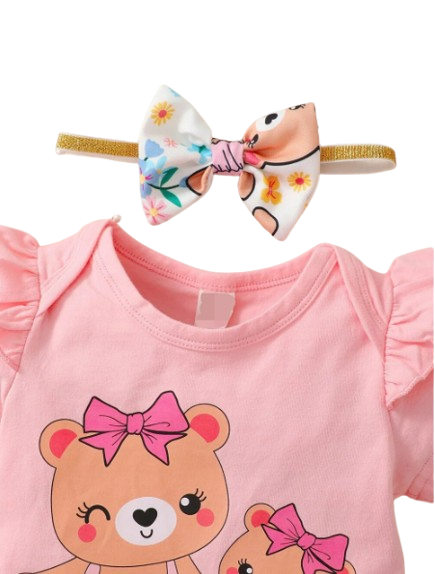 The Colby - Bear Cartoon Romper + Shorts + Headband