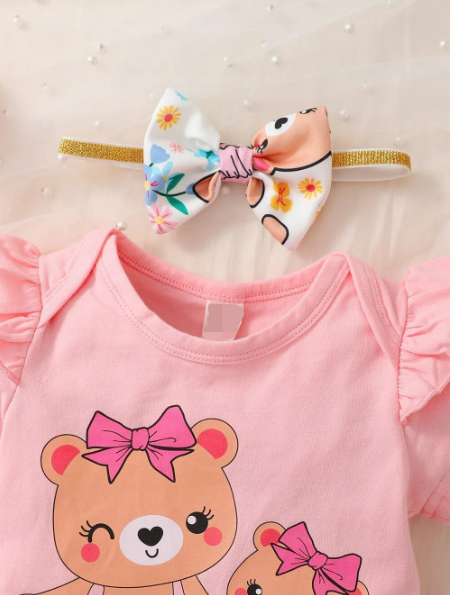 The Colby - Bear Cartoon Romper + Shorts + Headband