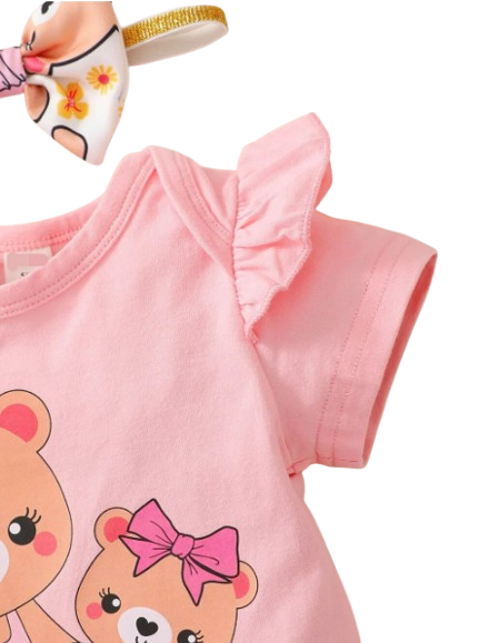 The Colby - Bear Cartoon Romper + Shorts + Headband