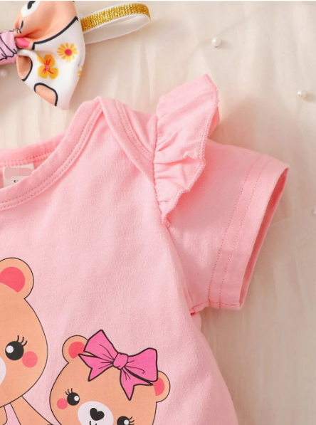 The Colby - Bear Cartoon Romper + Shorts + Headband