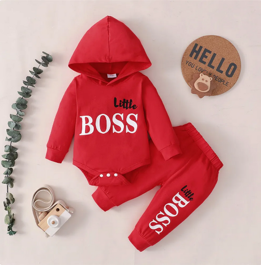 The Hollis - Baby Unisex Red Little Boss Hoodie + Pants