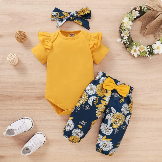 The Kendall - Yellow Romper Tops + Floral Pants + Headband