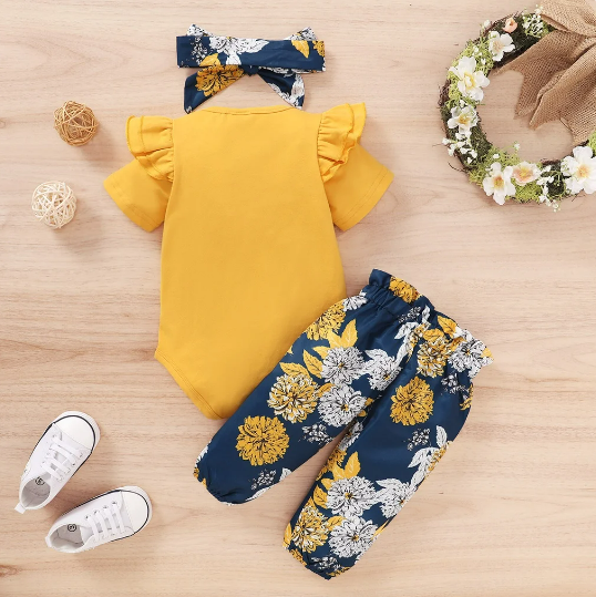 The Kendall - Yellow Romper Tops + Floral Pants + Headband