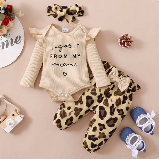 The Heidi - Brown Ruffle Bodysuit + Leopard Pants + Headband