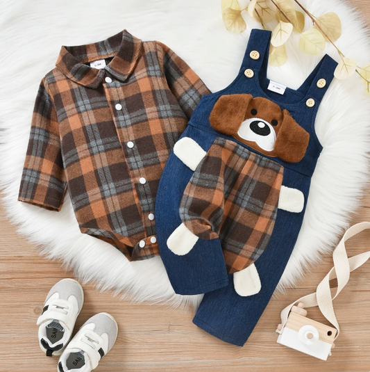 The Stevie - Plaid Print Romper + Cartoon Bear Overalls