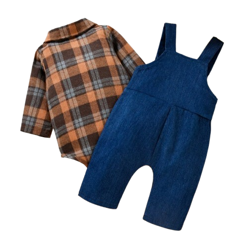 The Stevie - Plaid Print Romper + Cartoon Bear Overalls