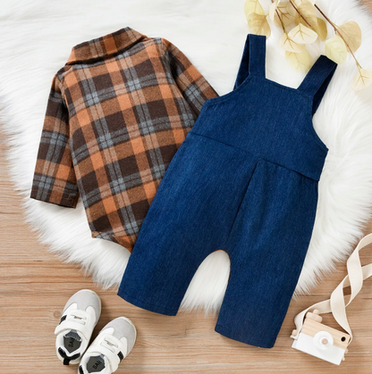 The Stevie - Plaid Print Romper + Cartoon Bear Overalls