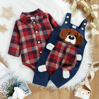 The Stevie - Plaid Print Romper + Cartoon Bear Overalls