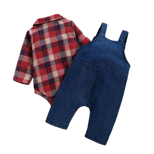 The Stevie - Plaid Print Romper + Cartoon Bear Overalls