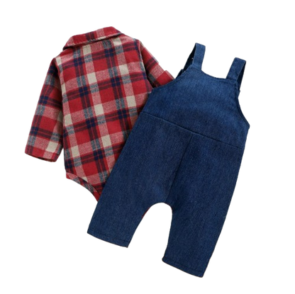 The Stevie - Plaid Print Romper + Cartoon Bear Overalls