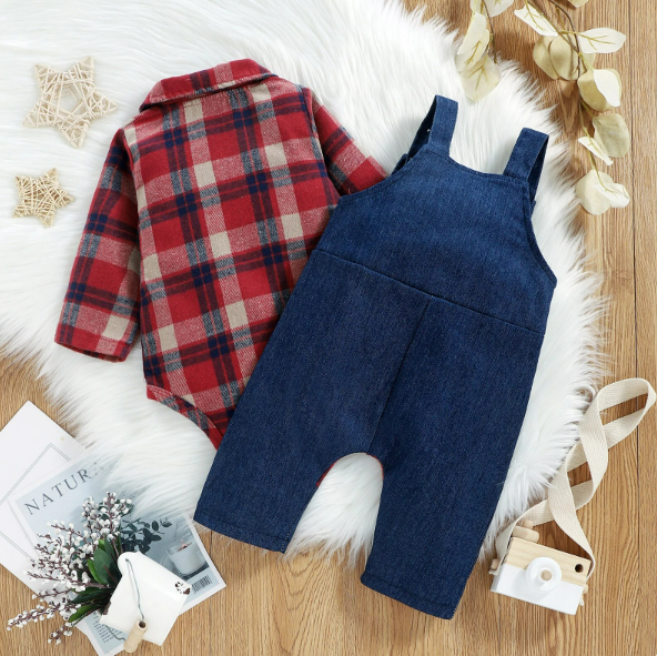 The Stevie - Plaid Print Romper + Cartoon Bear Overalls