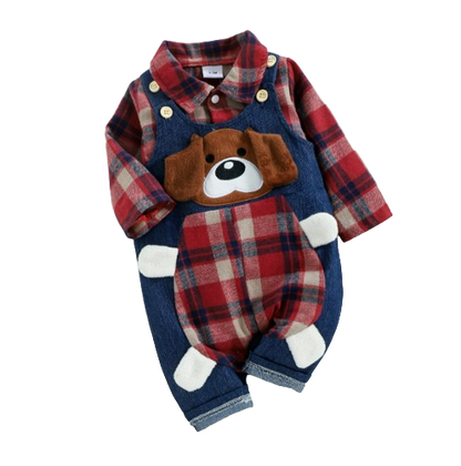 The Stevie - Plaid Print Romper + Cartoon Bear Overalls