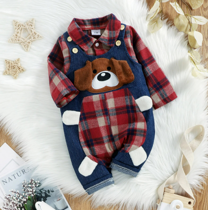 The Stevie - Plaid Print Romper + Cartoon Bear Overalls