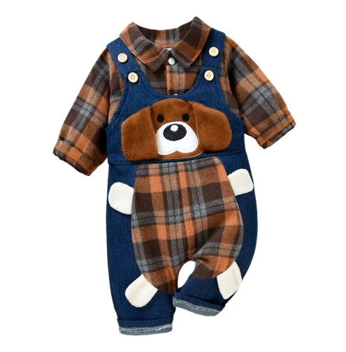 The Stevie - Plaid Print Romper + Cartoon Bear Overalls