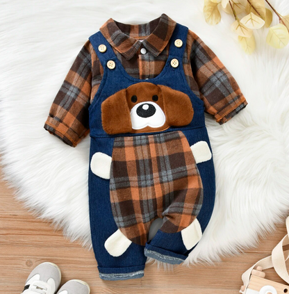 The Stevie - Plaid Print Romper + Cartoon Bear Overalls