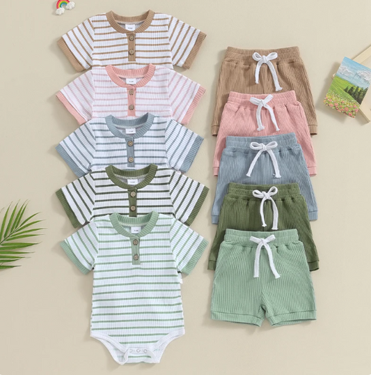 The Morrie - Short Sleeve Ribbed Striped Romper + Shorts