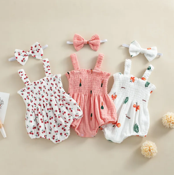 The Lila - Carrot Print Sleeveless Romper + Headband