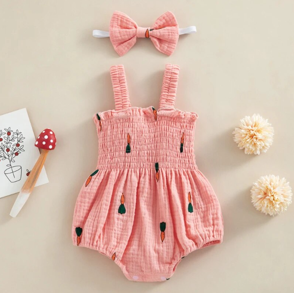 The Lila - Carrot Print Sleeveless Romper + Headband