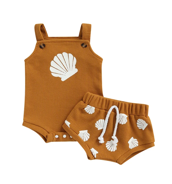 The Jordyn - Shell Print Strap Button Plaid Knitted Bodysuits + Shorts