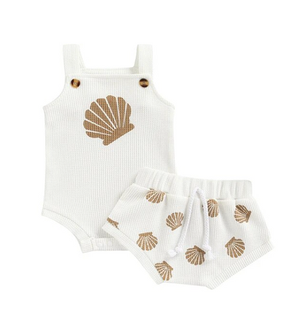 The Jordyn - Shell Print Strap Button Plaid Knitted Bodysuits + Shorts