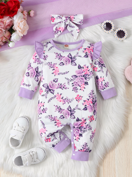 The Leila - Violet Floral Print Romper + Bow Hairband