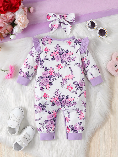 The Leila - Violet Floral Print Romper + Bow Hairband