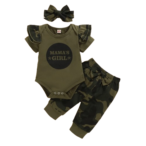 The Aubree - Solid Letter Romper + Camouflage Pants + Bowknot