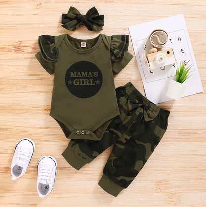 The Aubree - Solid Letter Romper + Camouflage Pants + Bowknot