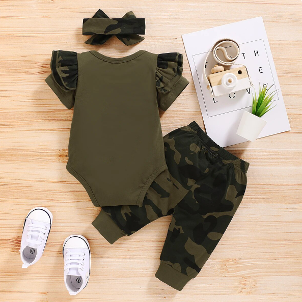 The Aubree - Solid Letter Romper + Camouflage Pants + Bowknot