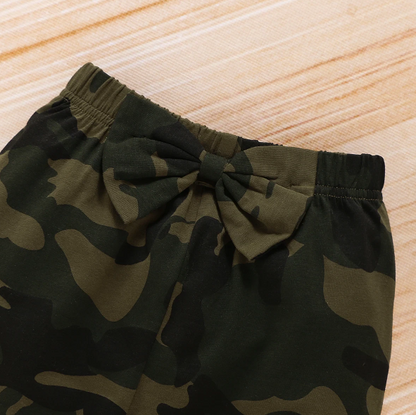 The Aubree - Solid Letter Romper + Camouflage Pants + Bowknot